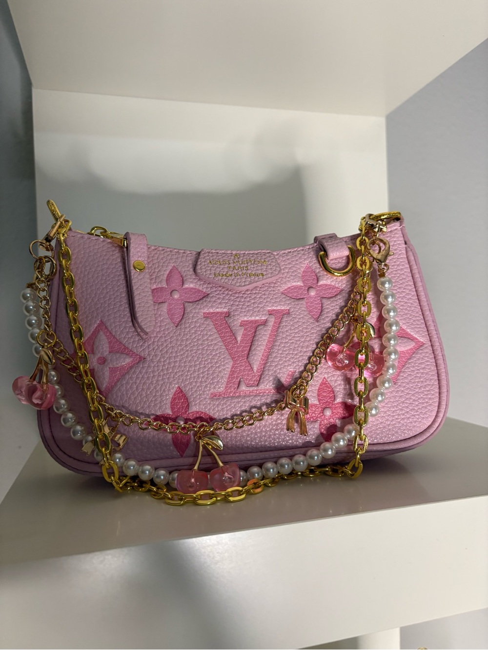 Pink Monogram Mini Bag with Pearl & Gold Chains